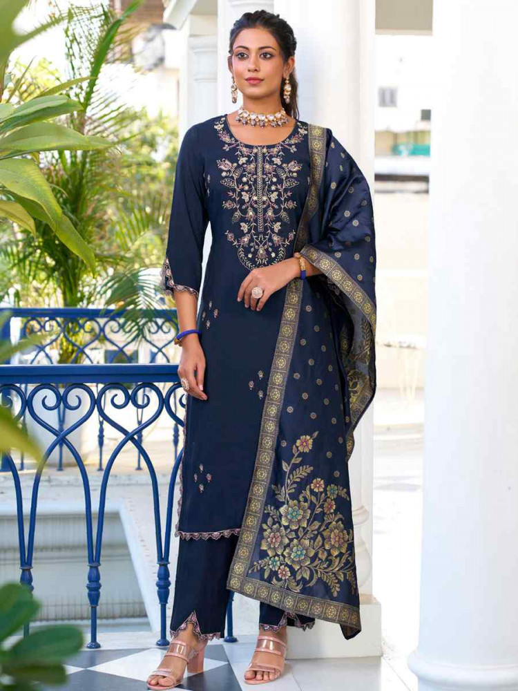 Image of Navy Blue Viscose Silk Embroidery Party Wedding Festival Casual Ready Pant Salwar Kameez