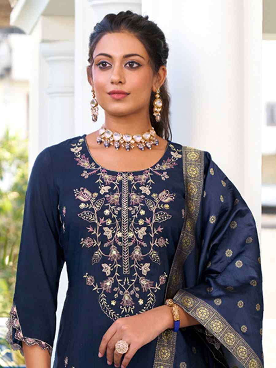 Navy Blue Viscose Silk Embroidery Party Wedding Festival Casual Ready Pant Salwar Kameez