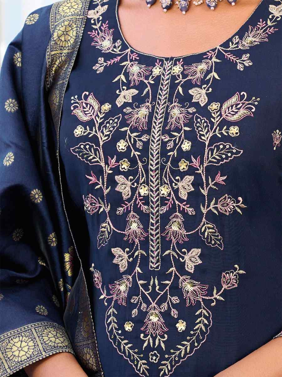 Navy Blue Viscose Silk Embroidery Party Wedding Festival Casual Ready Pant Salwar Kameez