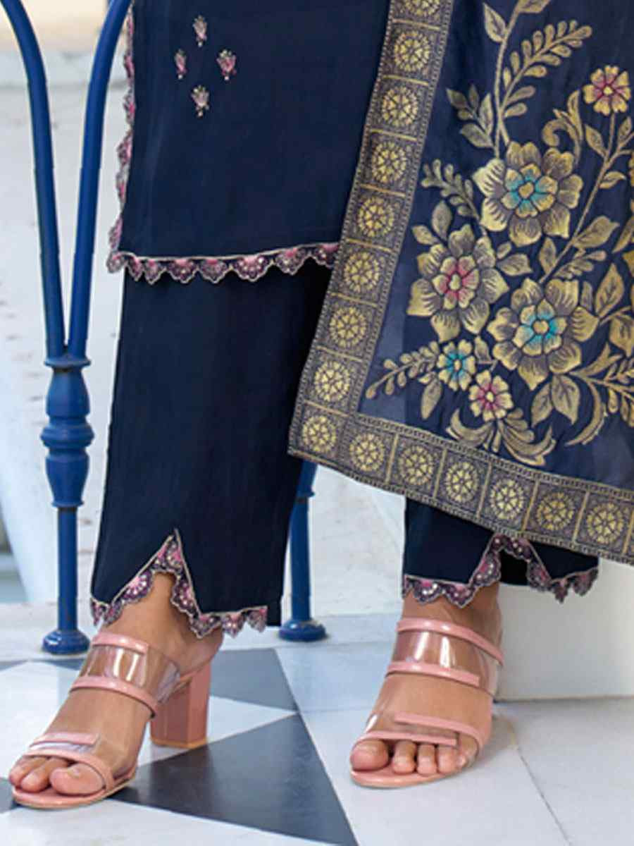 Navy Blue Viscose Silk Embroidery Party Wedding Festival Casual Ready Pant Salwar Kameez