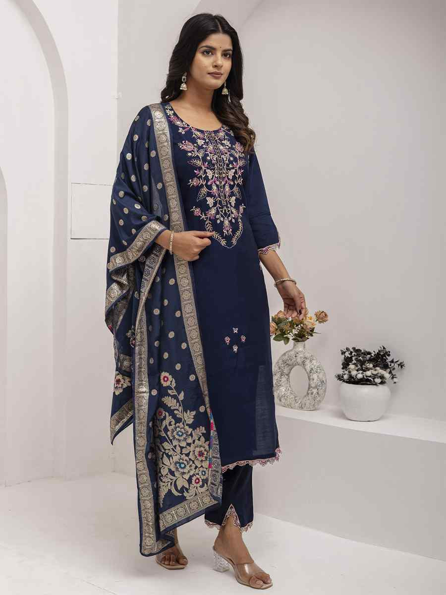 Navy Blue Viscose Silk Embroidery Party Wedding Festival Casual Ready Pant Salwar Kameez