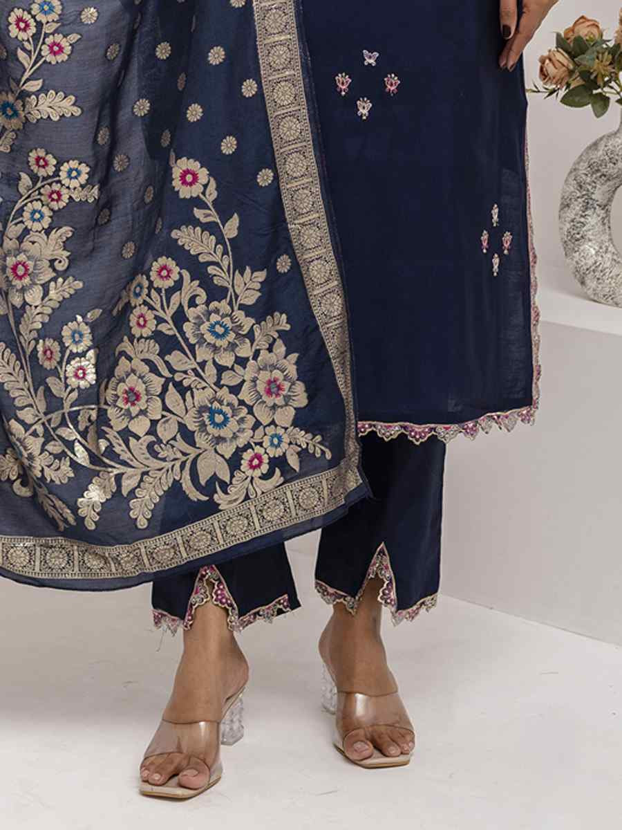 Navy Blue Viscose Silk Embroidery Party Wedding Festival Casual Ready Pant Salwar Kameez