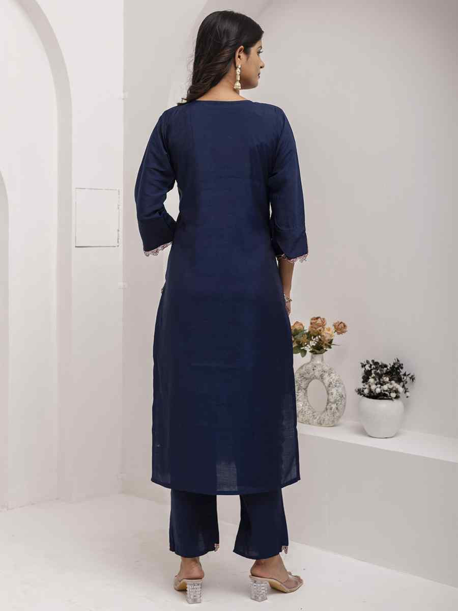 Navy Blue Viscose Silk Embroidery Party Wedding Festival Casual Ready Pant Salwar Kameez