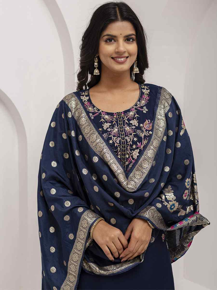 Navy Blue Viscose Silk Embroidery Party Wedding Festival Casual Ready Pant Salwar Kameez