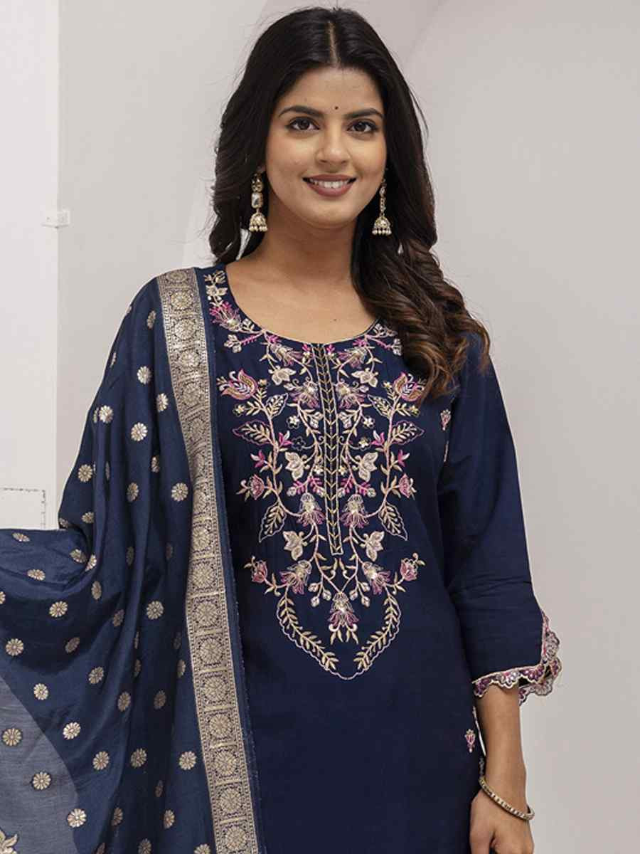 Navy Blue Viscose Silk Embroidery Party Wedding Festival Casual Ready Pant Salwar Kameez