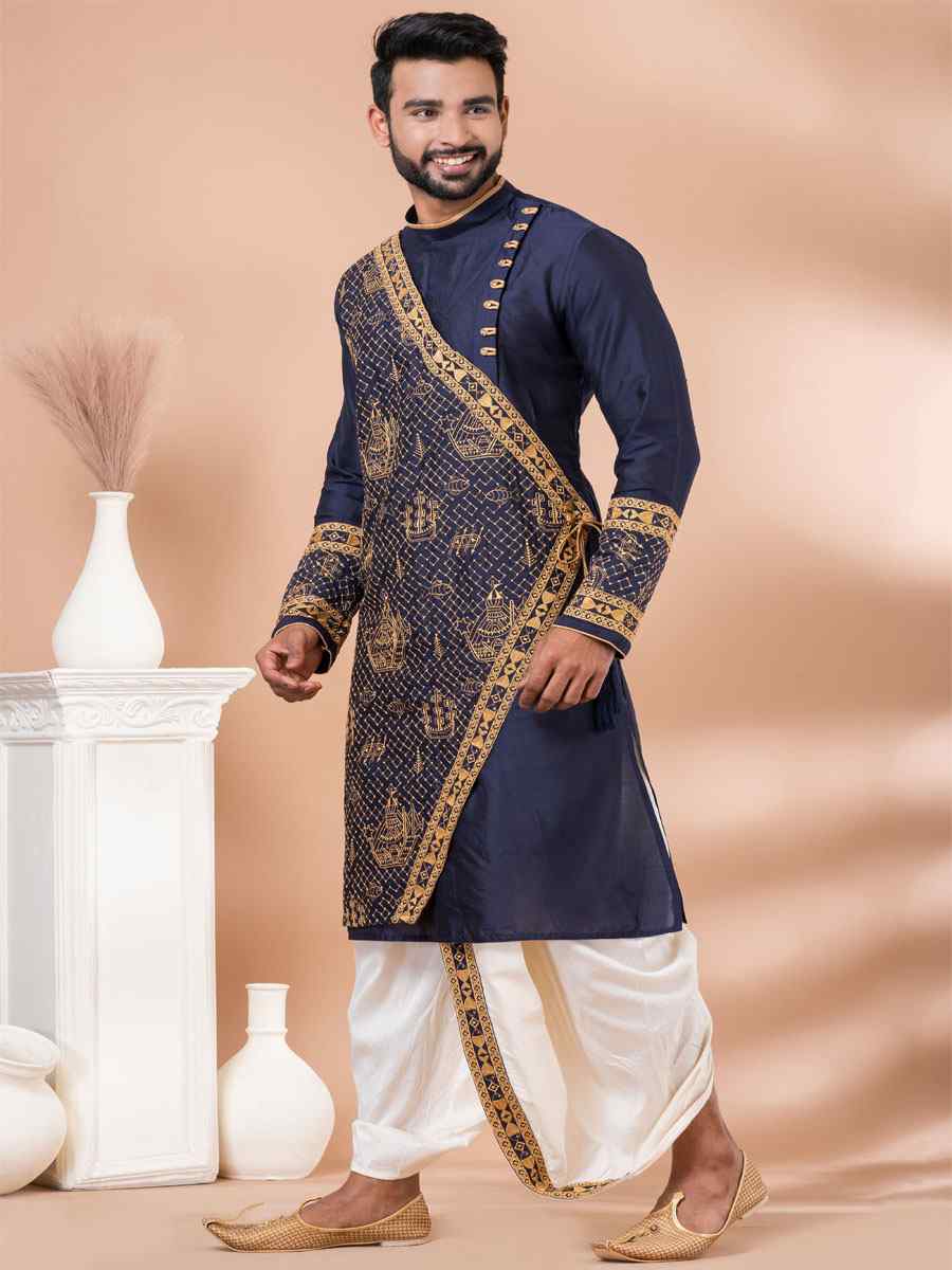 Navy Blue Viscose Woven Festival Casual Kurta