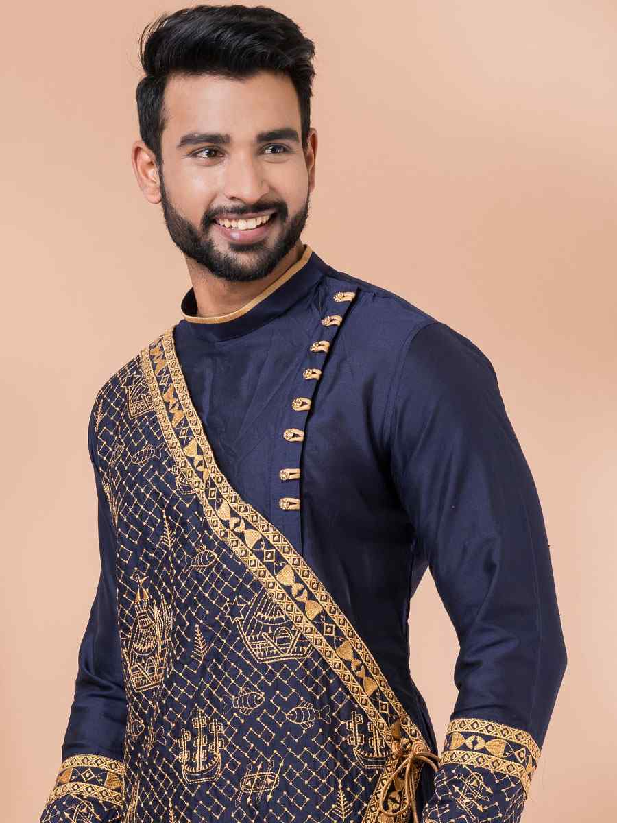 Navy Blue Viscose Woven Festival Casual Kurta