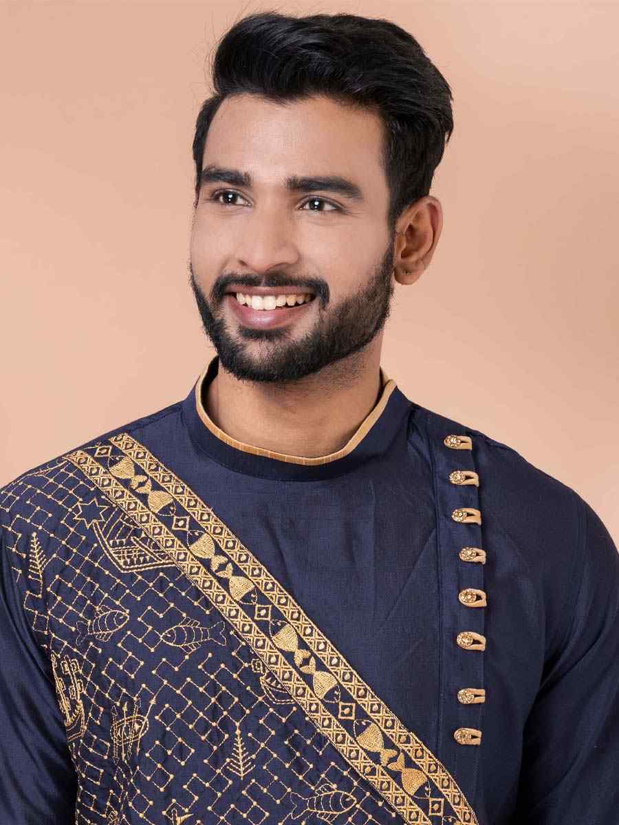 Navy Blue Viscose Woven Festival Casual Kurta
