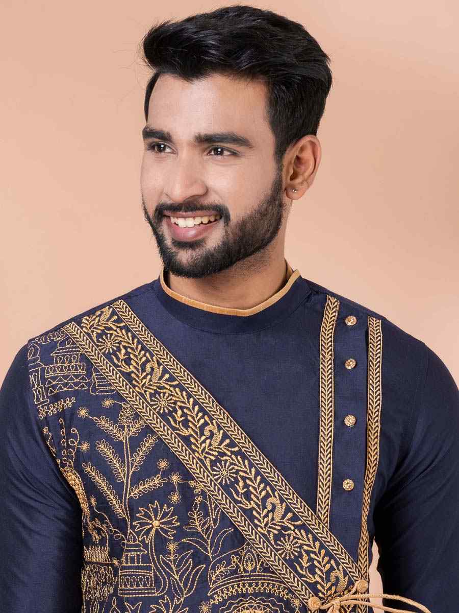 Navy Blue Viscose Woven Festival Casual Kurta
