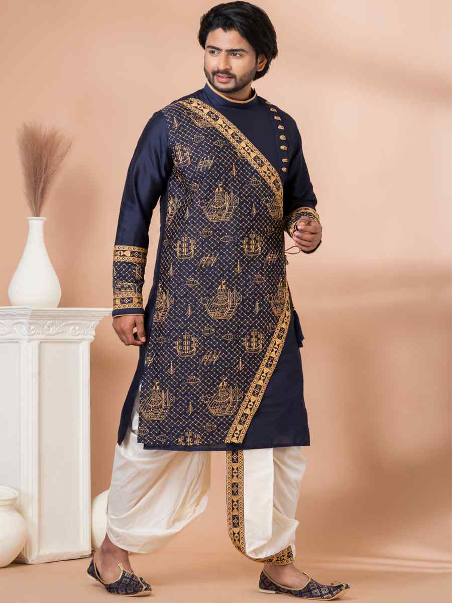 Navy Blue Viscose Woven Festival Wedding Kurta