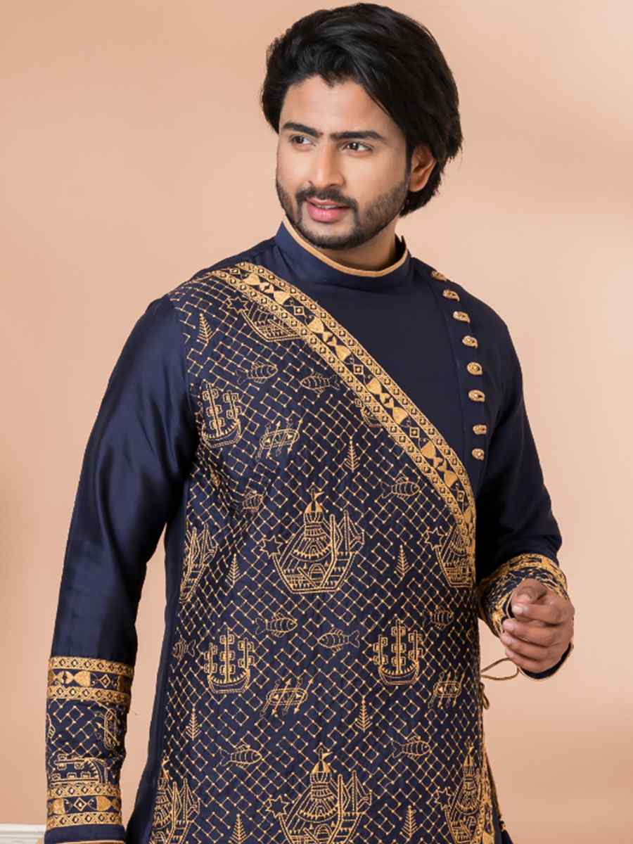 Navy Blue Viscose Woven Festival Wedding Kurta
