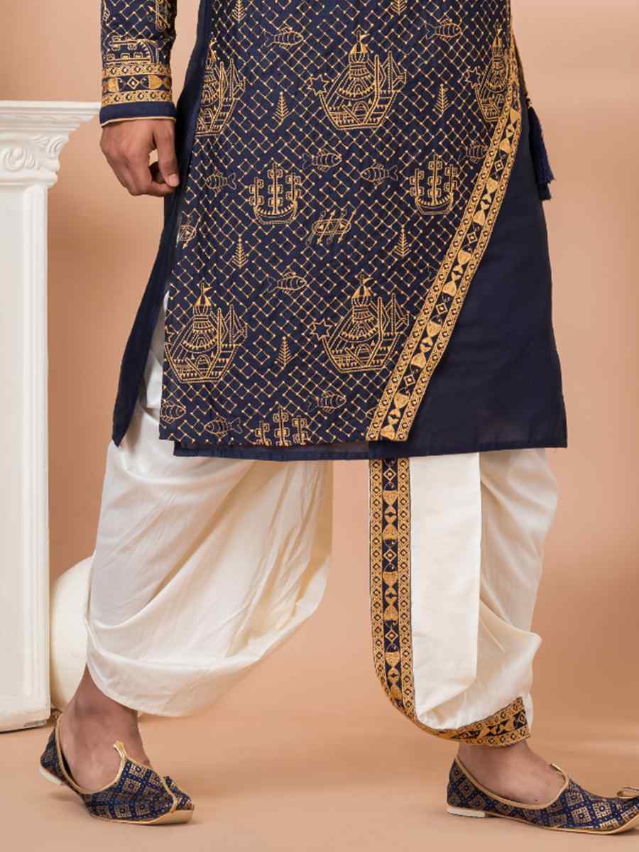 Navy Blue Viscose Woven Festival Wedding Kurta