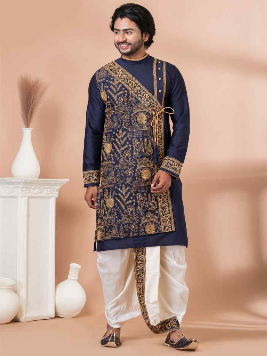 Navy Blue Viscose Woven Festival Wedding Kurta