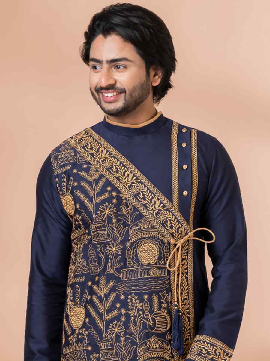 Navy Blue Viscose Woven Festival Wedding Kurta