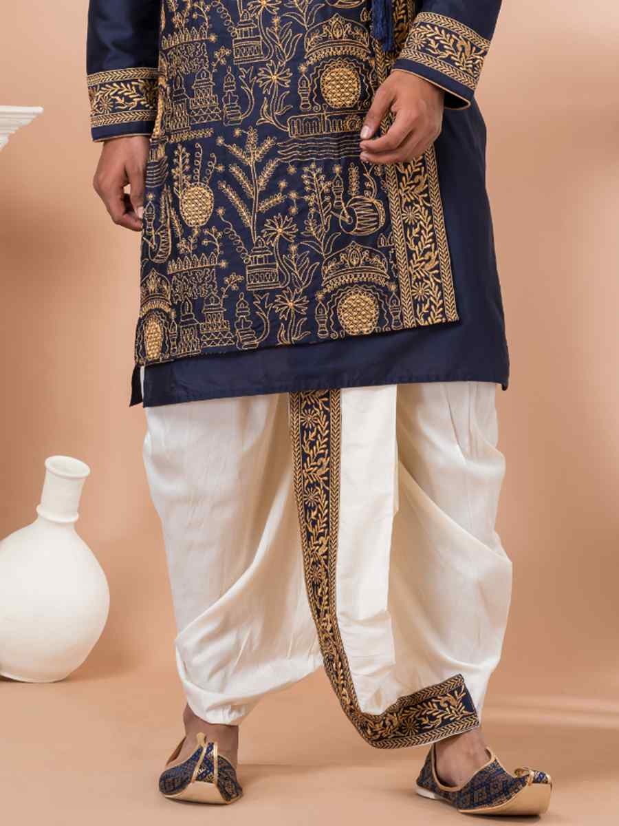 Navy Blue Viscose Woven Festival Wedding Kurta