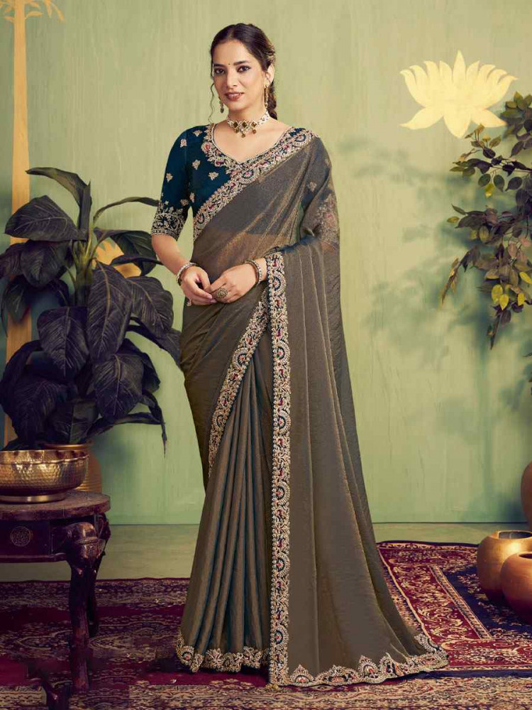 Image of Navy Blue Zari Organza Satin Embroidery Bridal Reception Party Festival Wedding Fancy Heavy Border Sarees
