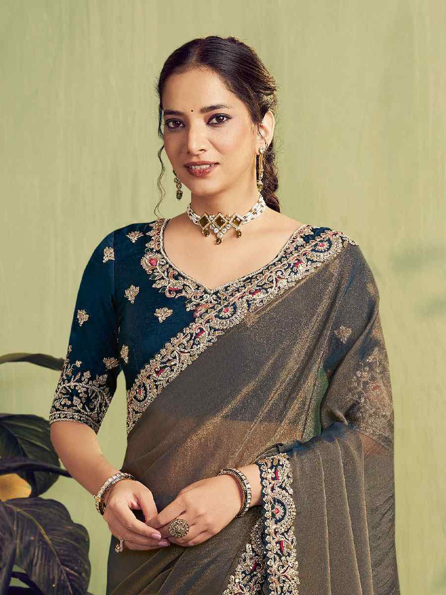 Navy Blue Zari Organza Satin Embroidery Bridal Reception Party Festival Wedding Fancy Heavy Border Sarees