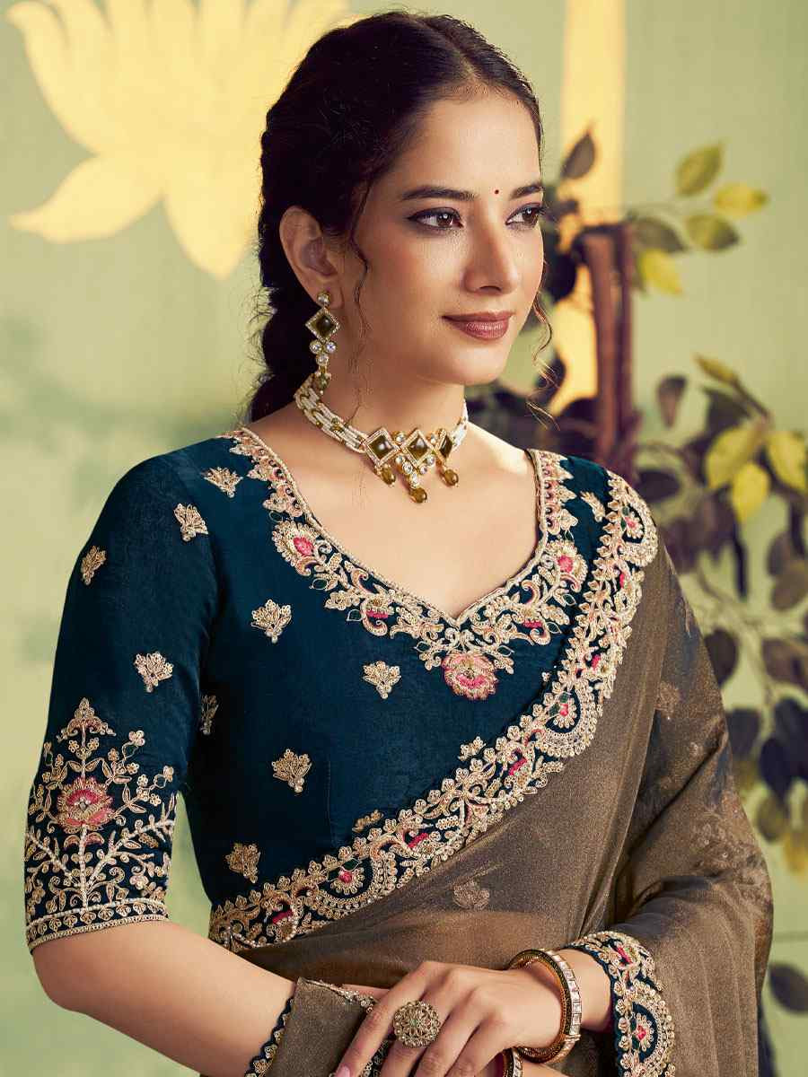 Navy Blue Zari Organza Satin Embroidery Bridal Reception Party Festival Wedding Fancy Heavy Border Sarees