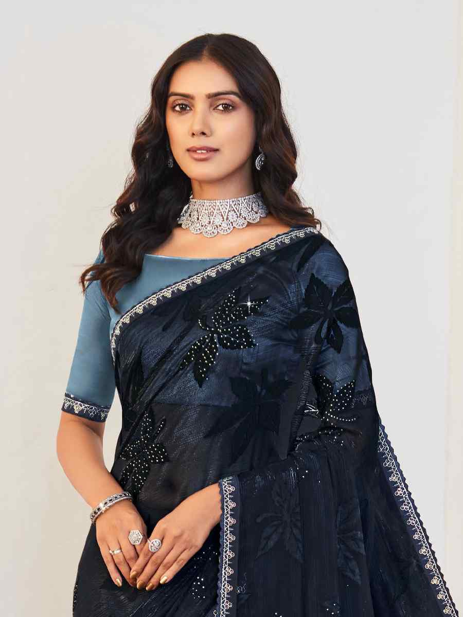 Navy Brasso Embroidered Party Festival Classic Style Saree