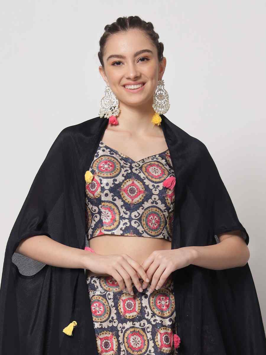 Navy Chinon Silk Embroidered Wedding Festival Circular Lehenga Choli