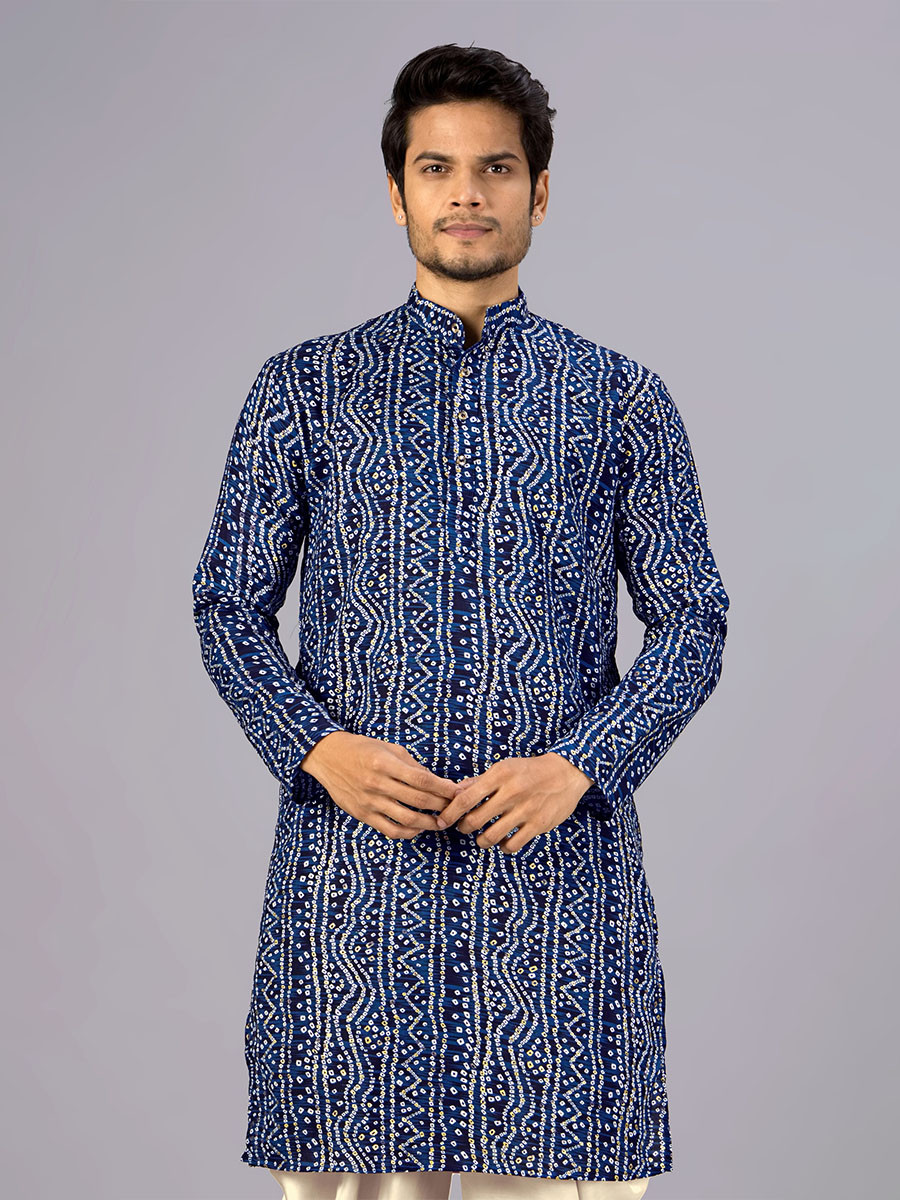 Navy Cotton Bandhani Printed Wedding Festival Party Wear Casual Mens Kurta