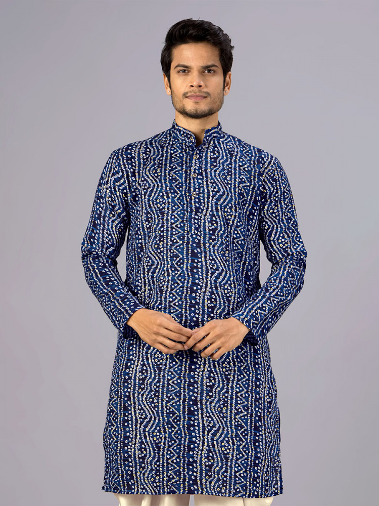 Image of Navy Cotton Bandhani Printed Wedding Festival Party Wear Casual Mens Kurta