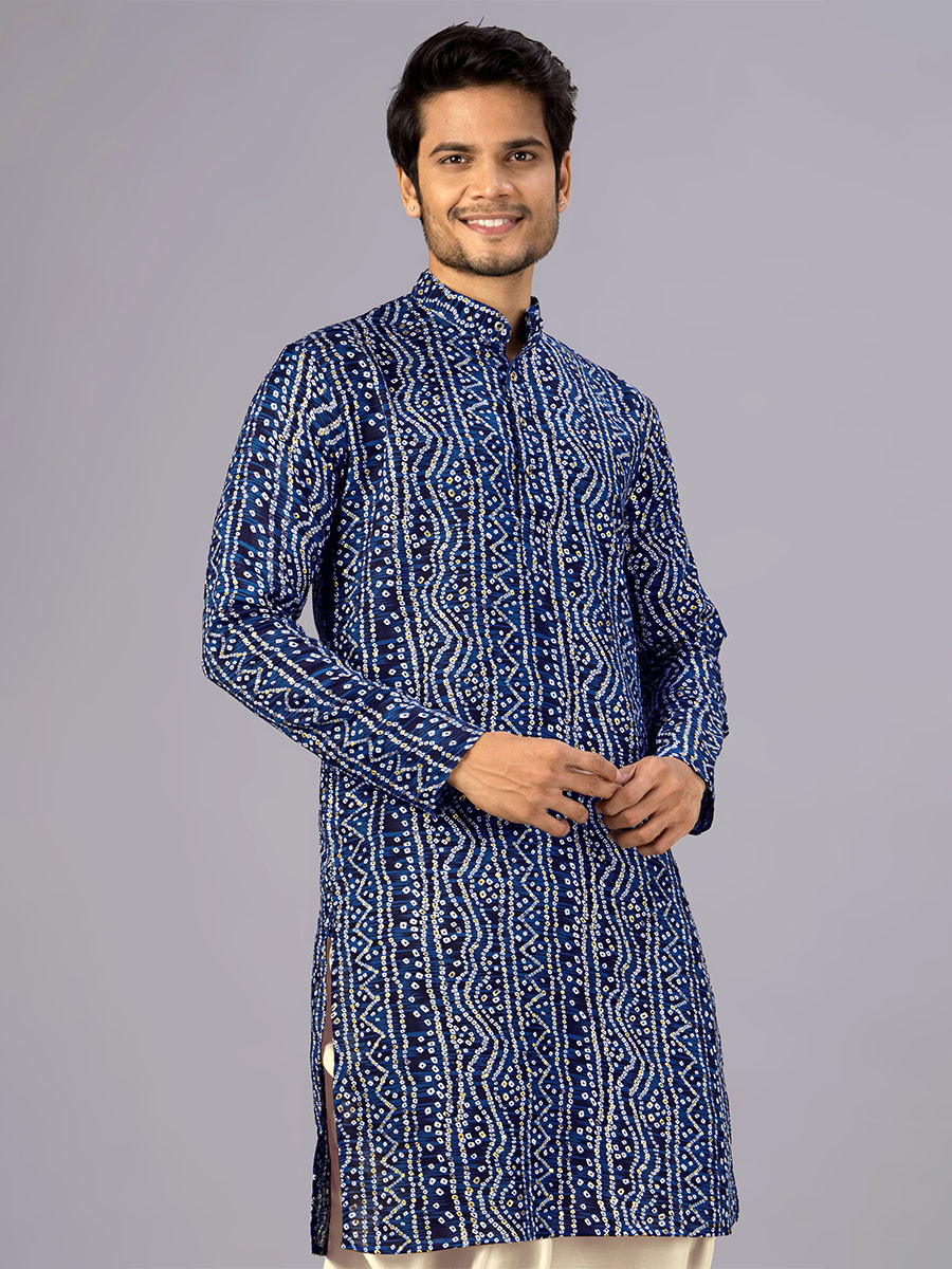 Navy Cotton Bandhani Printed Wedding Festival Party Wear Casual Mens Kurta