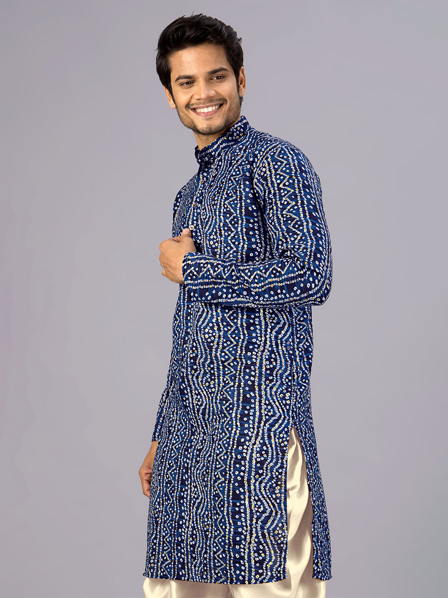 Navy Cotton Bandhani Printed Wedding Festival Party Wear Casual Mens Kurta