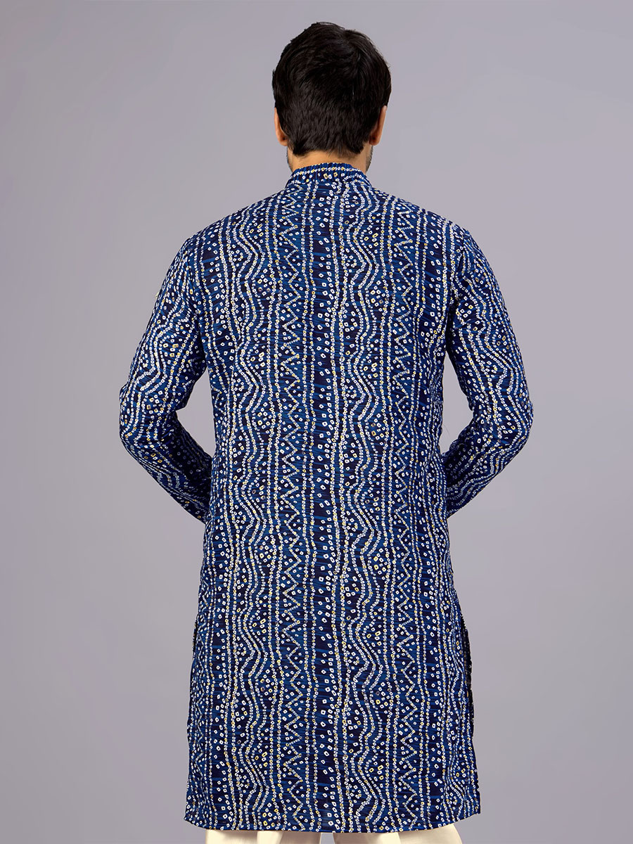 Navy Cotton Bandhani Printed Wedding Festival Party Wear Casual Mens Kurta