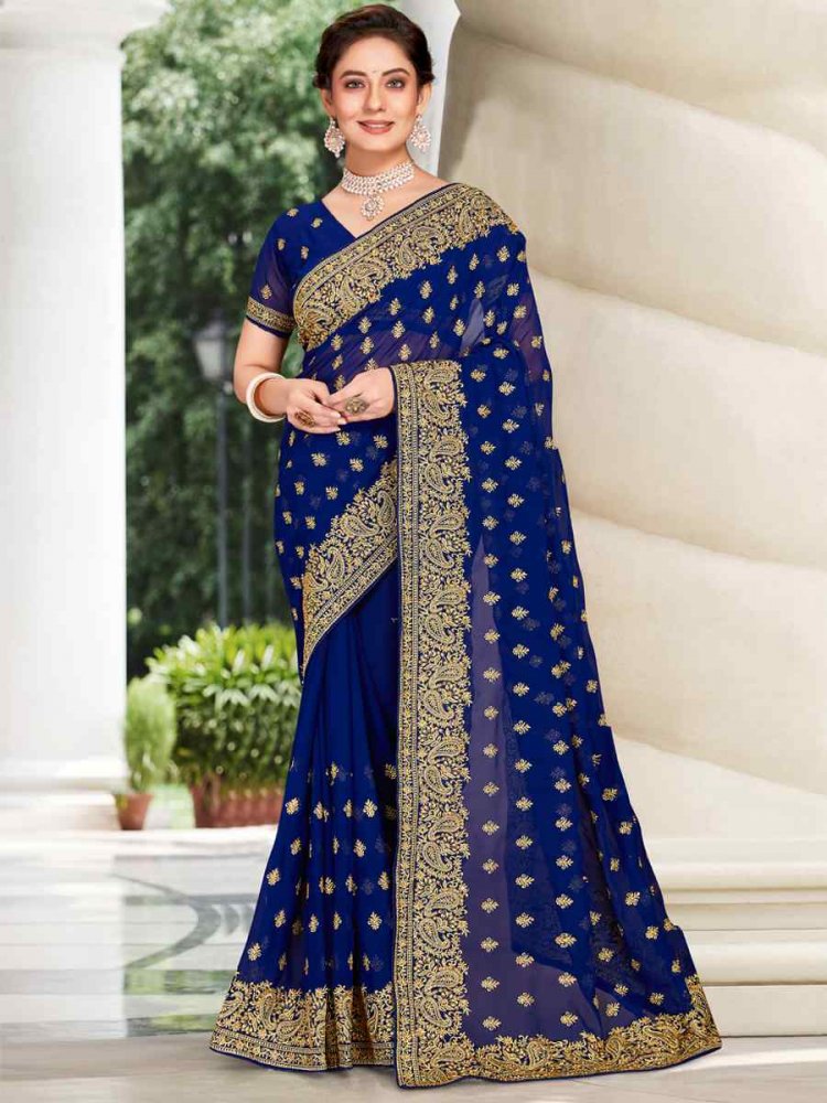 Navy Georgette Embroidered Wedding Festival Heavy Border Saree