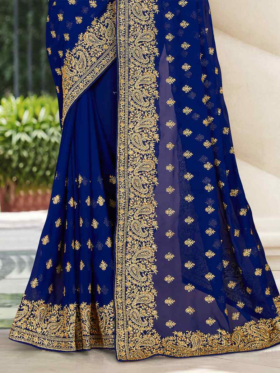Navy Georgette Embroidered Wedding Festival Heavy Border Saree