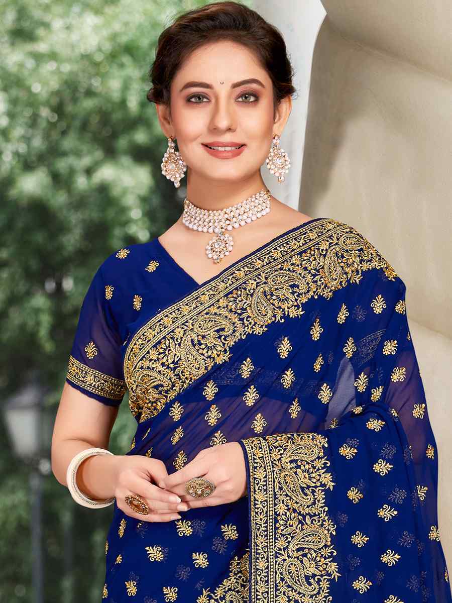Navy Georgette Embroidered Wedding Festival Heavy Border Saree