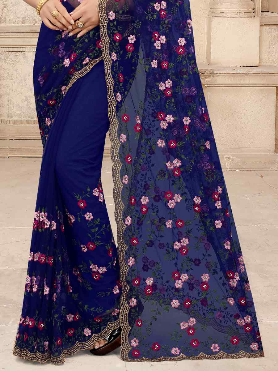 Navy Net Embroidered Party Festival Contemporary Saree