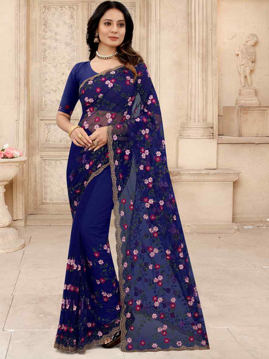 Navy Net Embroidered Party Festival Contemporary Saree