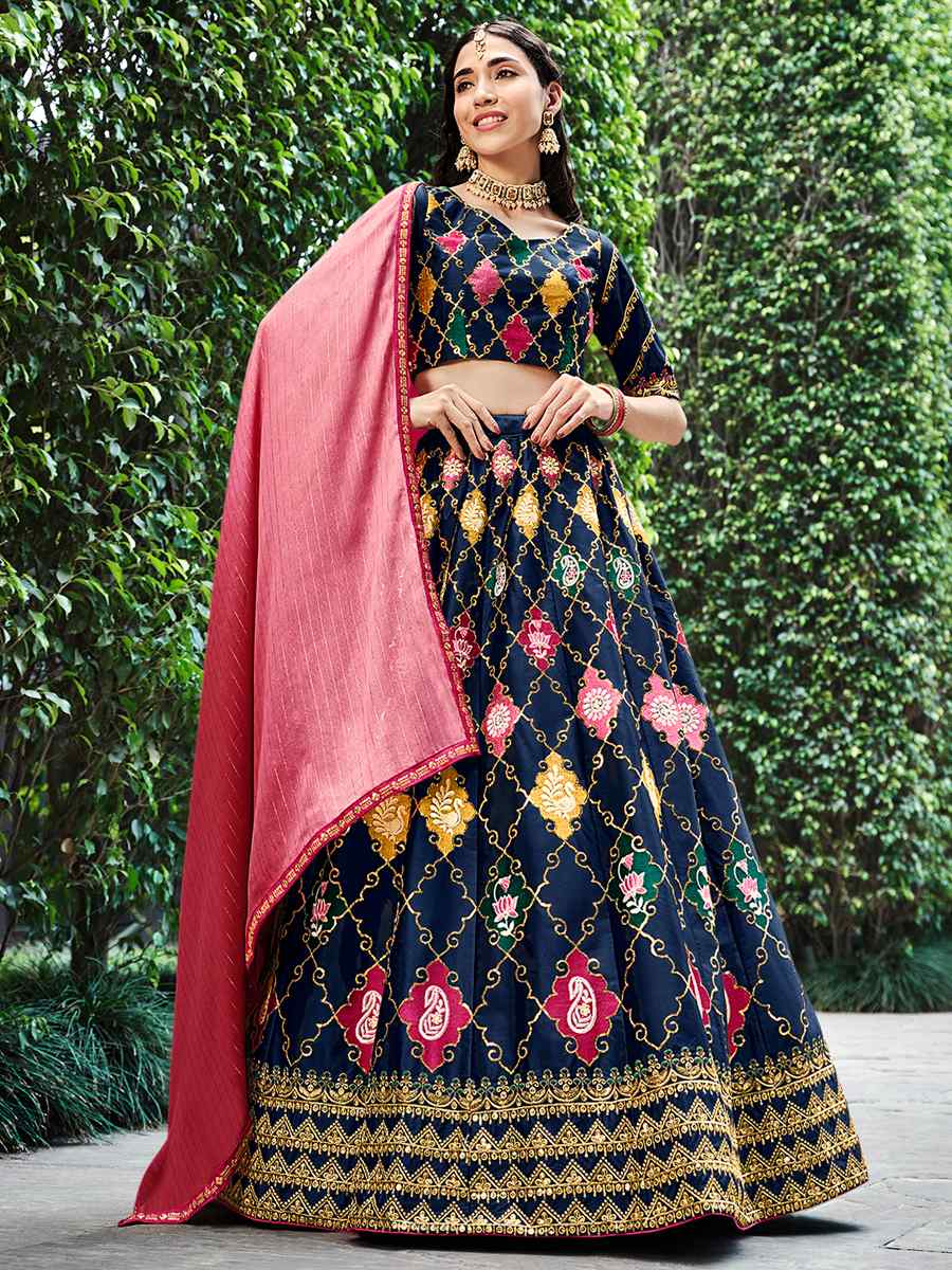 Navy Silk Printed Festival Party Wear Circular Lehenga Choli