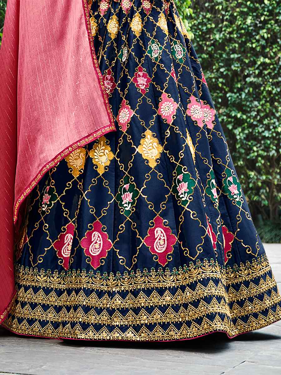 Navy Silk Printed Festival Party Wear Circular Lehenga Choli