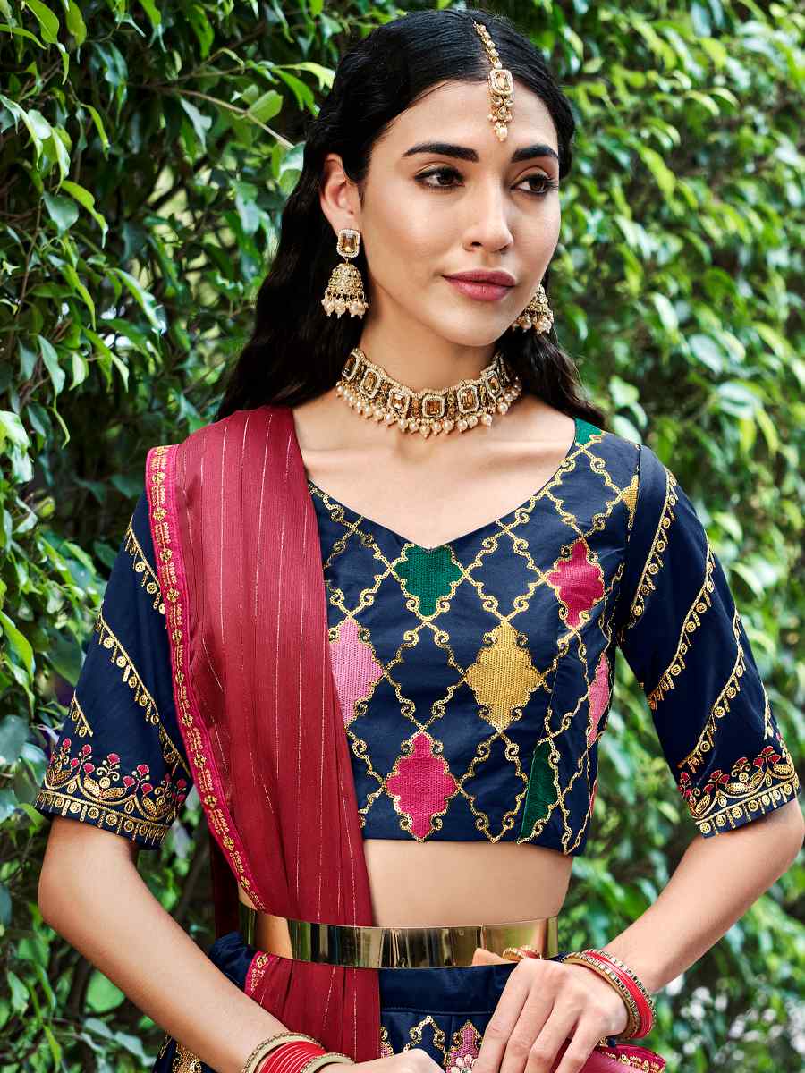 Navy Silk Printed Festival Party Wear Circular Lehenga Choli