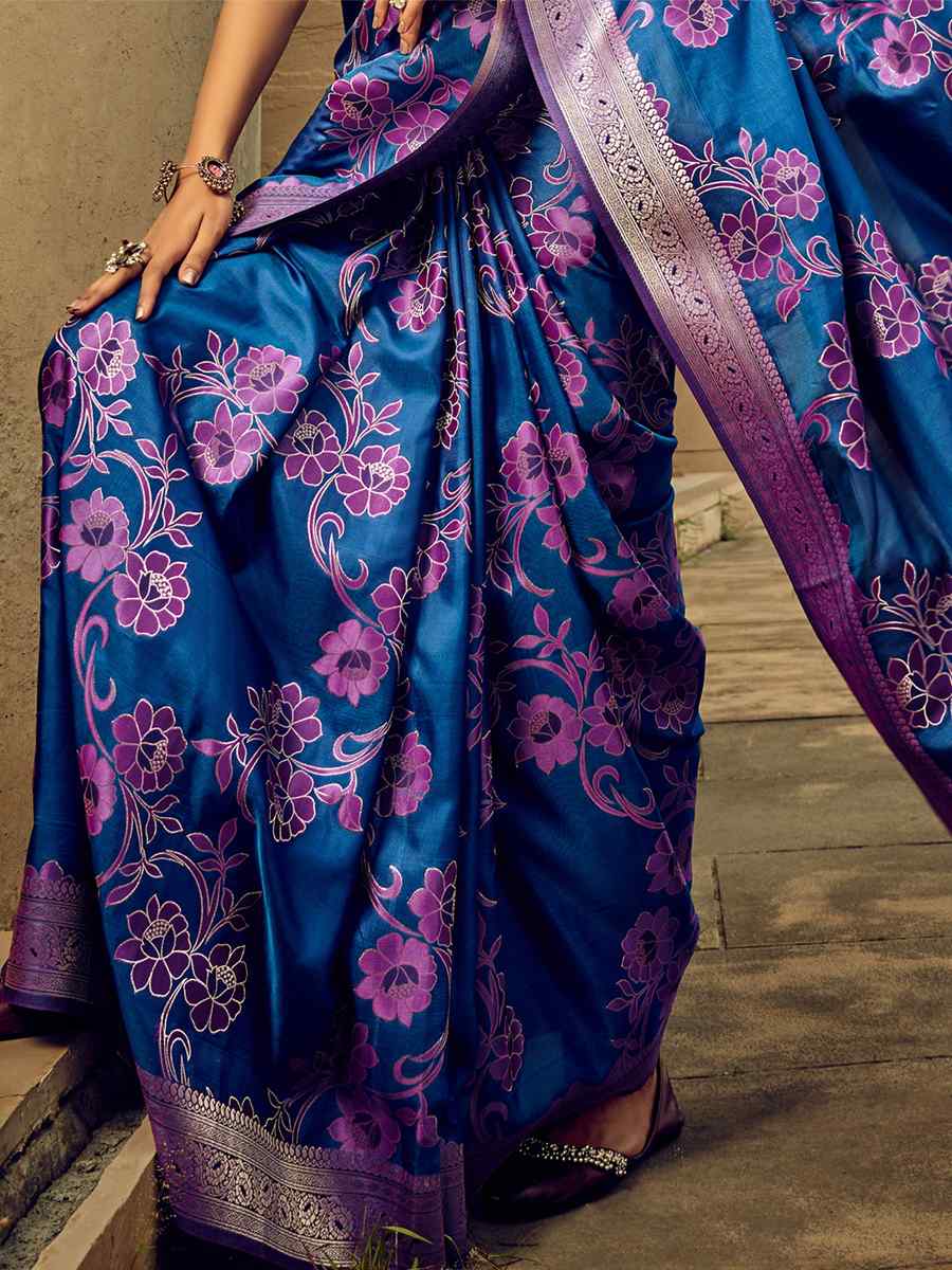 Neavy Blue Satin Brasso Silk Handwoven Wedding Festival Heavy Border Saree