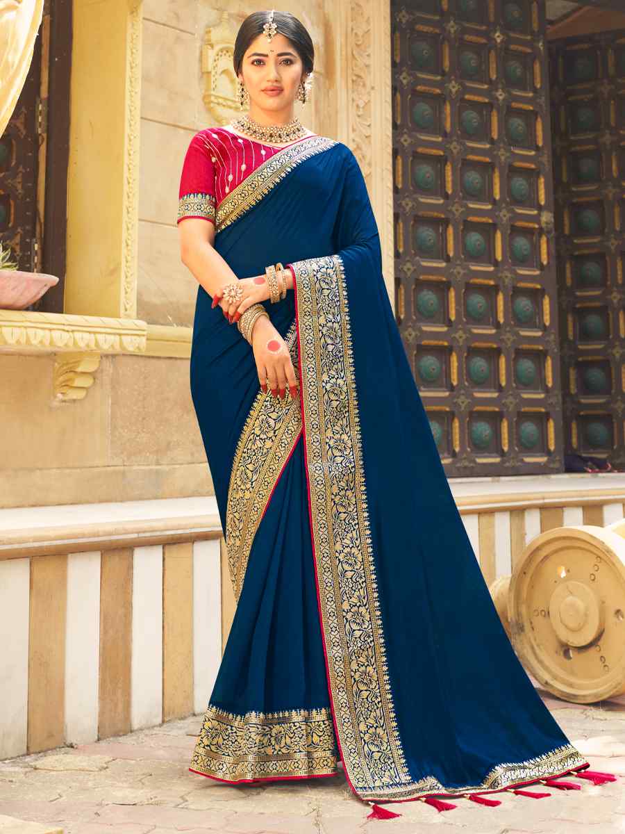 Neavy Blue Vichitra Silk Embroidered Party Reception Heavy Border Saree