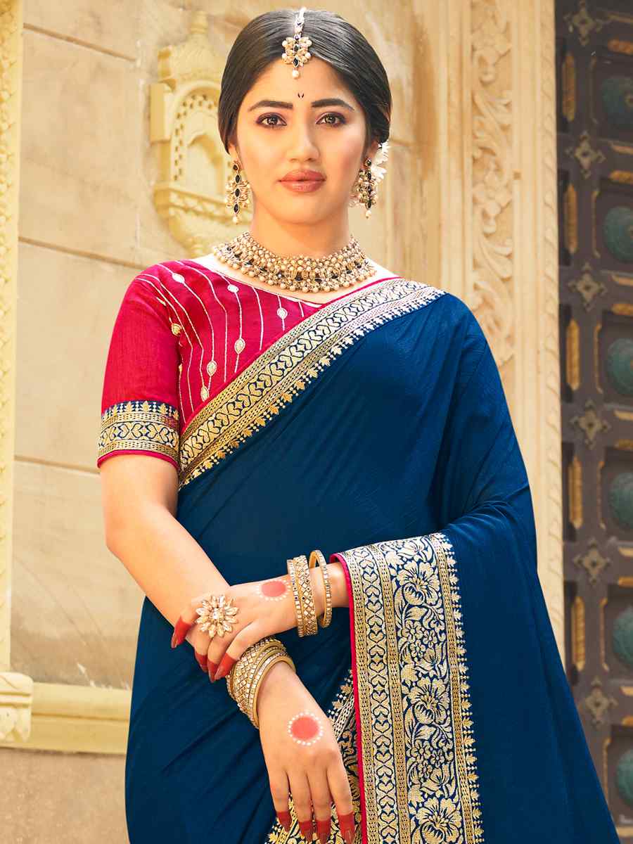 Neavy Blue Vichitra Silk Embroidered Party Reception Heavy Border Saree