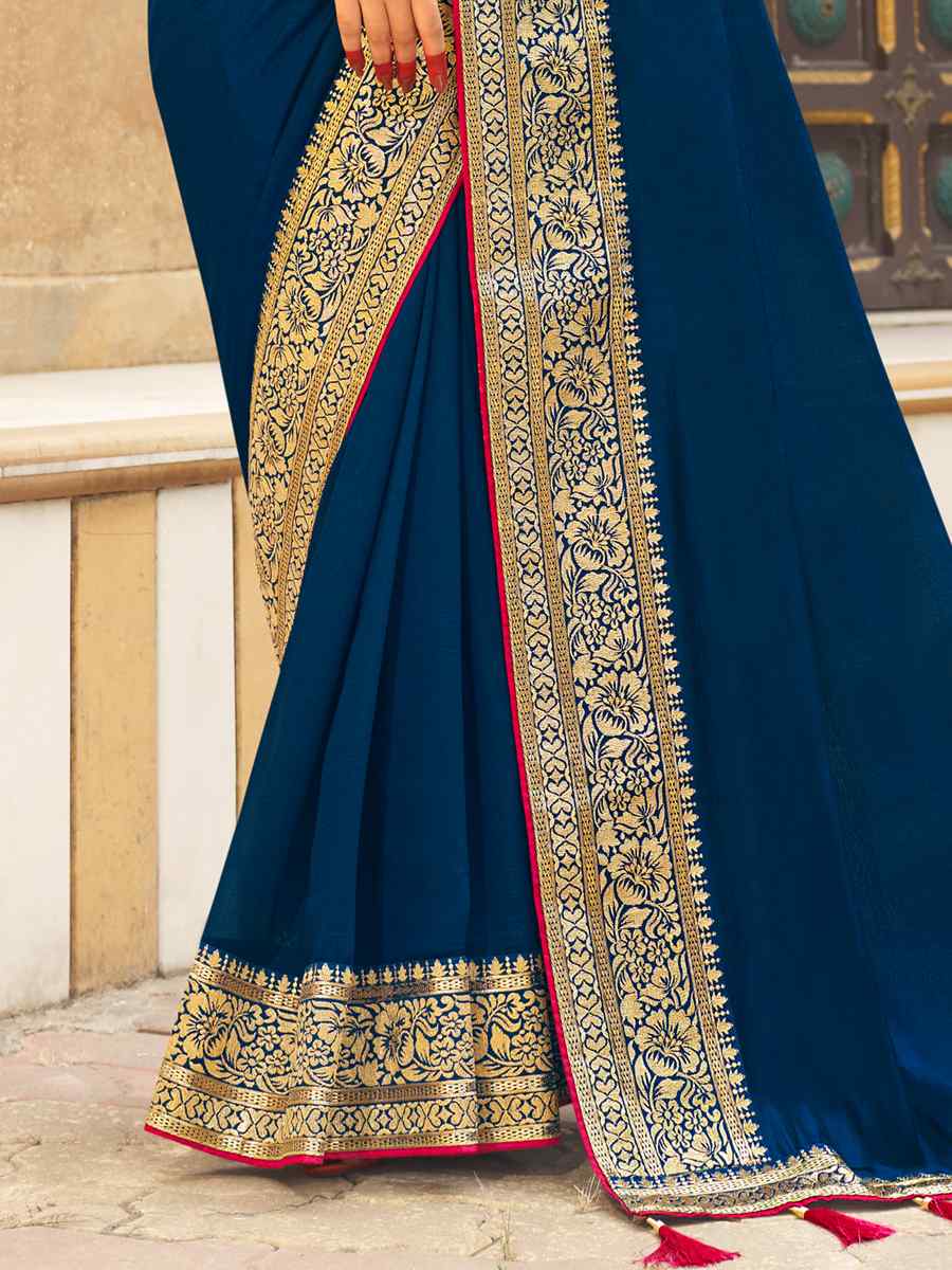 Neavy Blue Vichitra Silk Embroidered Party Reception Heavy Border Saree