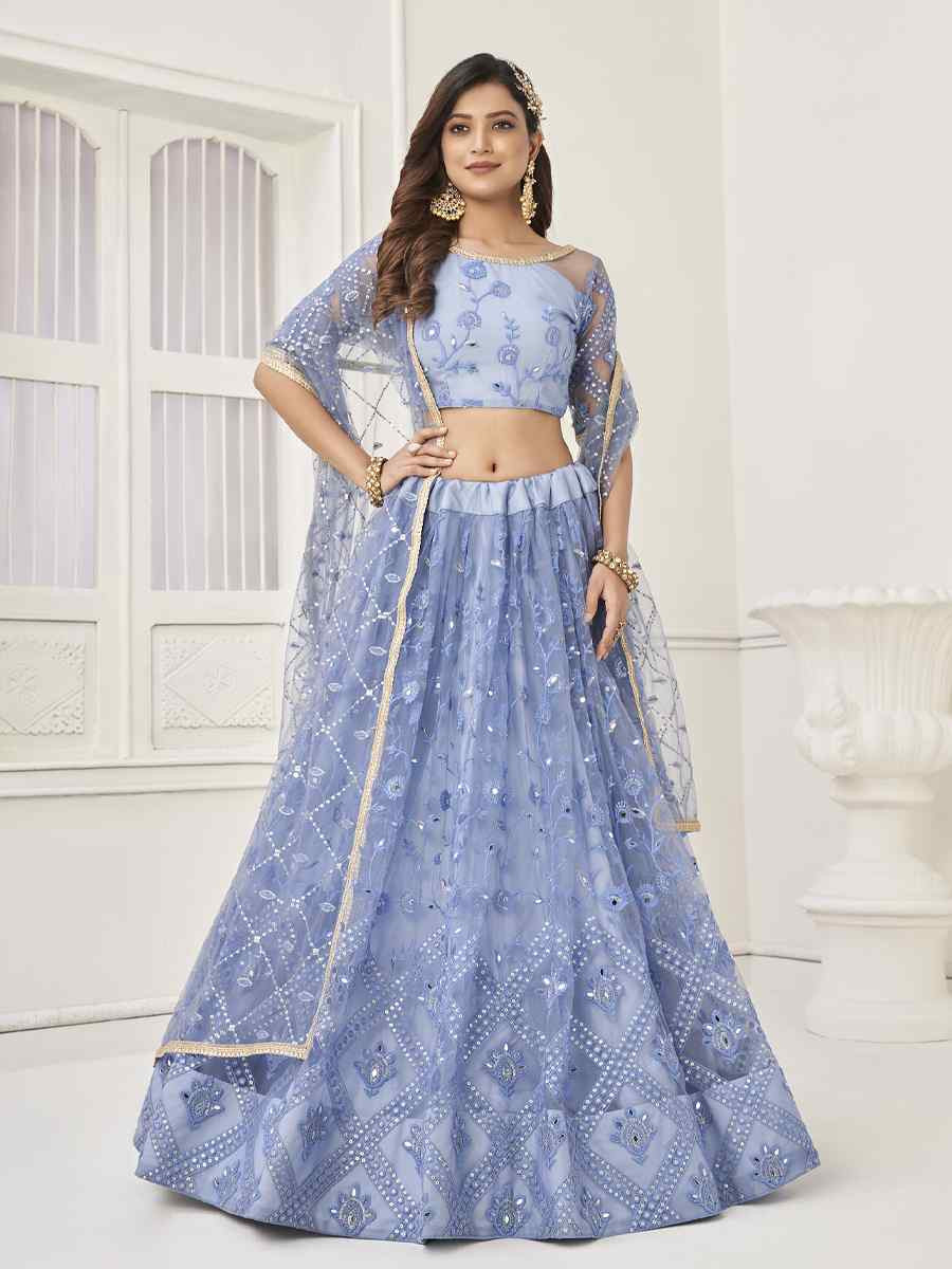 Neon Blue Net Embroidered Wedding Reception Festival Heavy Border Lehenga Choli