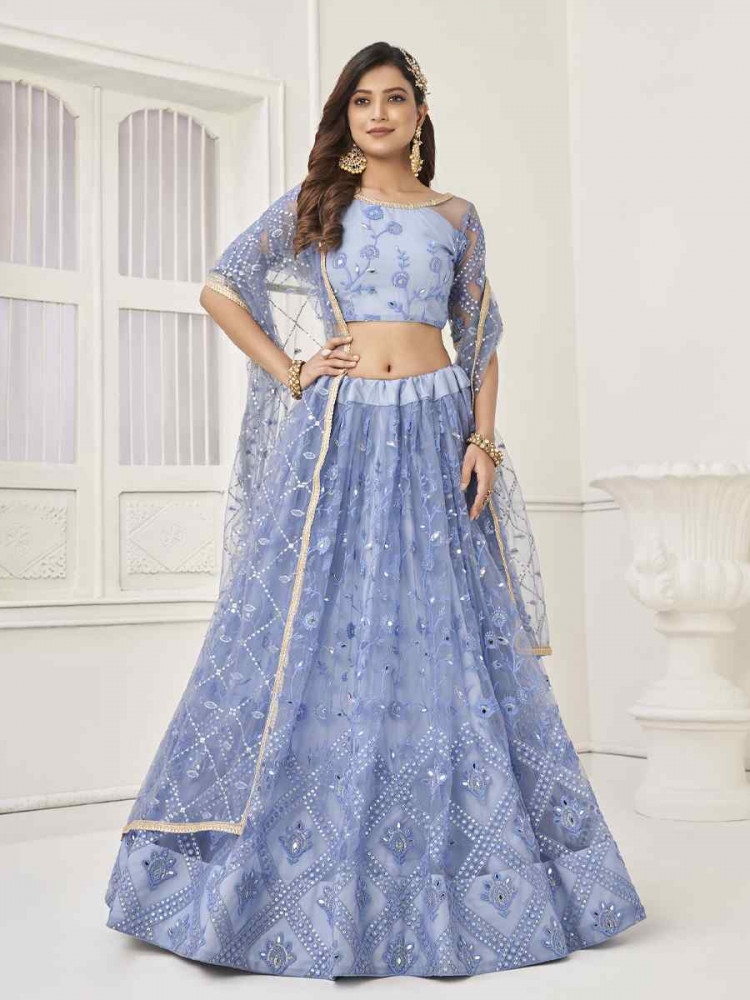Image of Neon Blue Net Embroidered Wedding Reception Festival Heavy Border Lehenga Choli