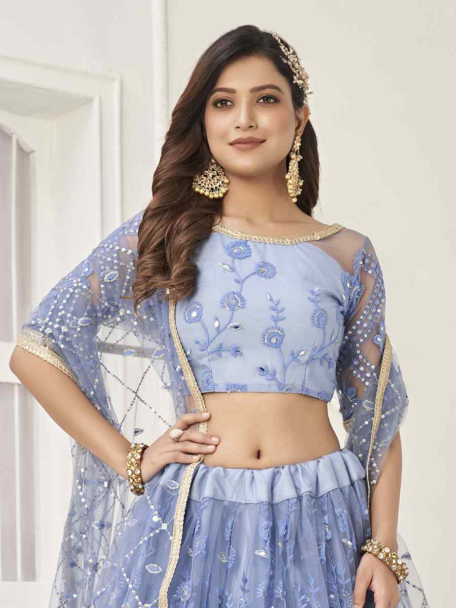Neon Blue Net Embroidered Wedding Reception Festival Heavy Border Lehenga Choli