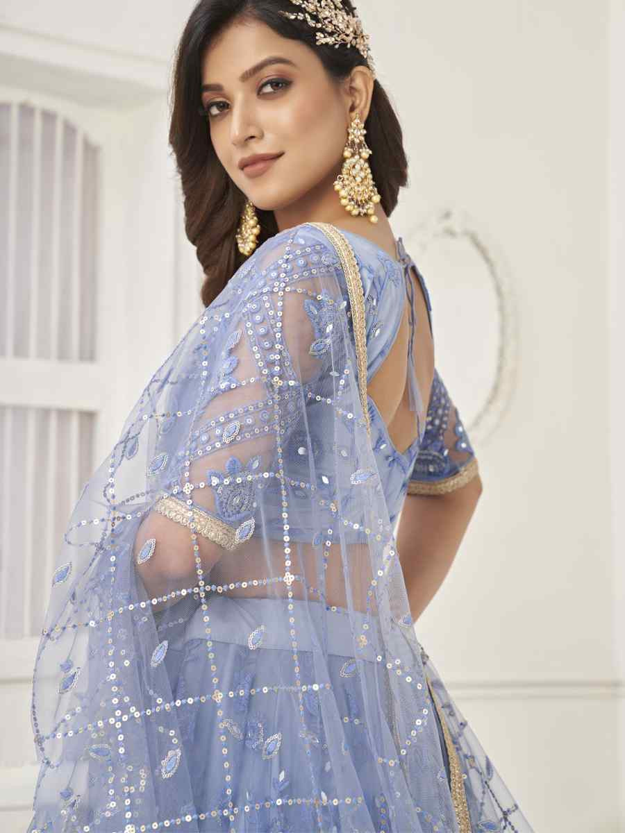 Neon Blue Net Embroidered Wedding Reception Festival Heavy Border Lehenga Choli