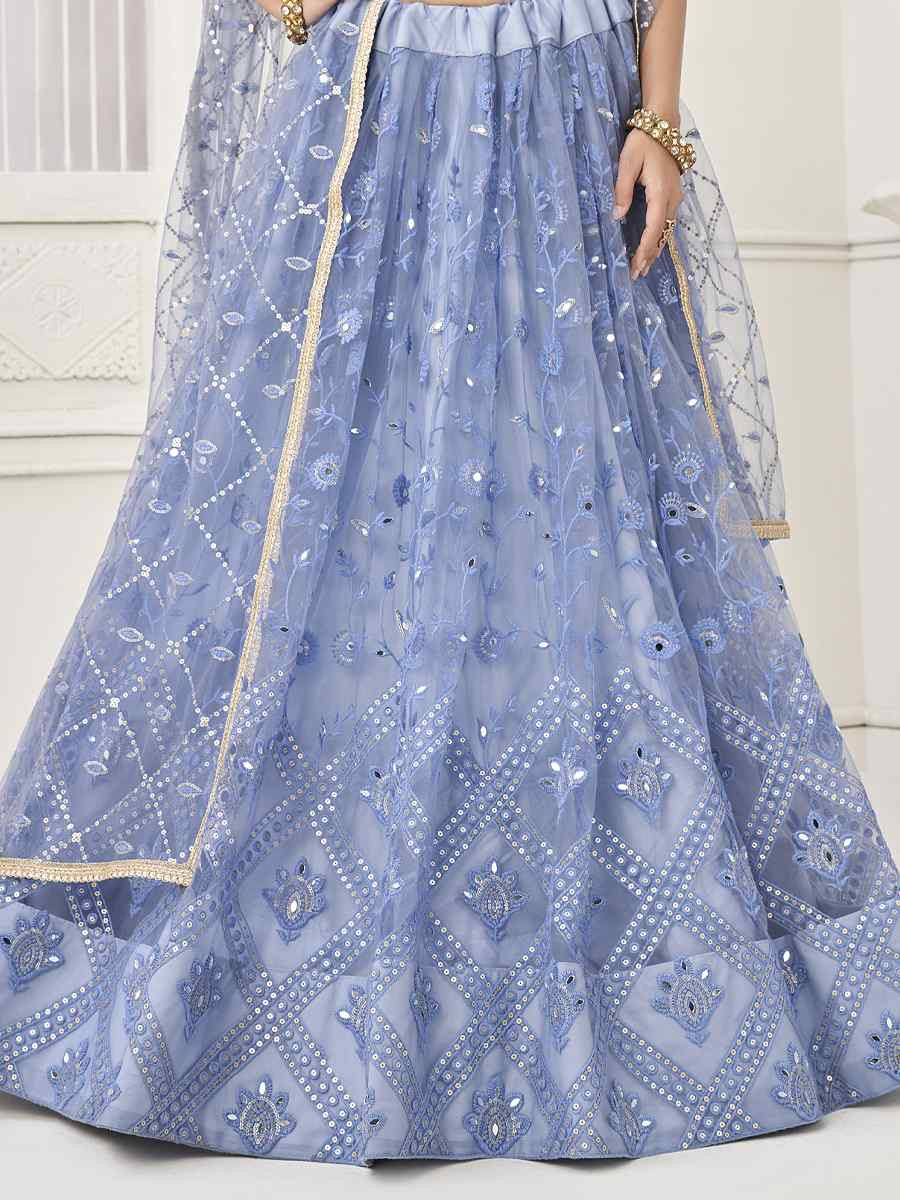 Neon Blue Net Embroidered Wedding Reception Festival Heavy Border Lehenga Choli