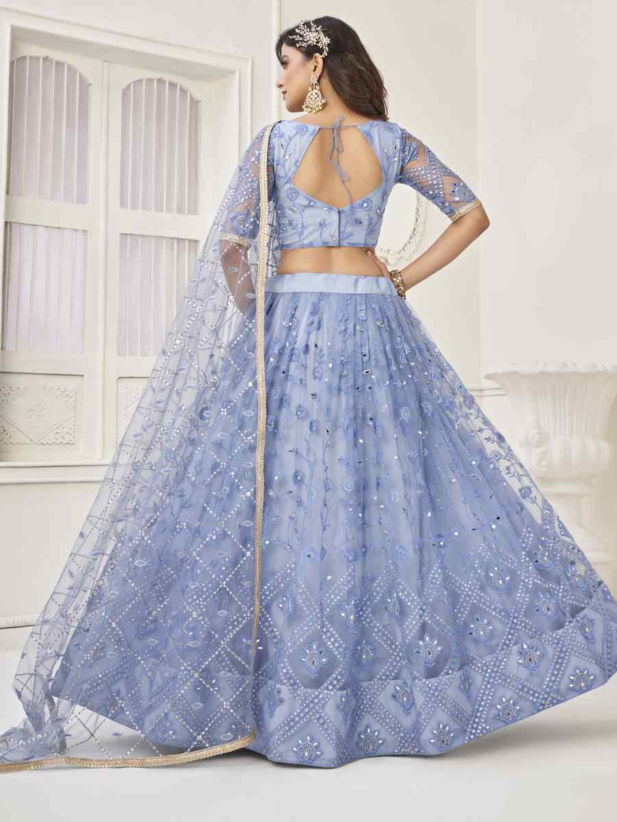 Neon Blue Net Embroidered Wedding Reception Festival Heavy Border Lehenga Choli