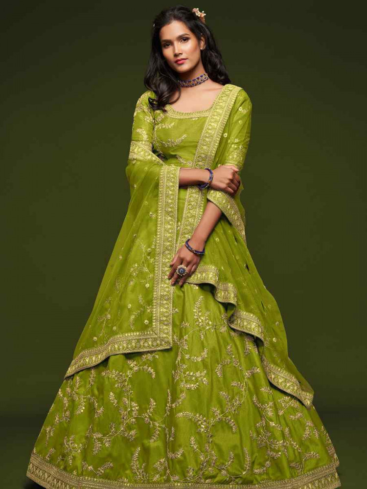 Image of Neon Green Art Silk Embroidered Wedding Reception Festival Heavy Border Lehenga Choli