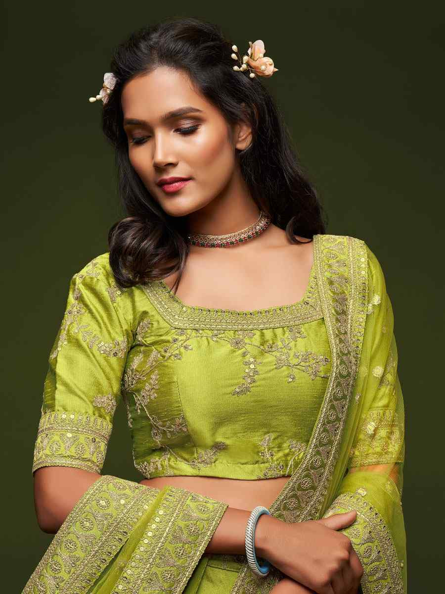 Neon Green Art Silk Embroidered Wedding Reception Festival Heavy Border Lehenga Choli