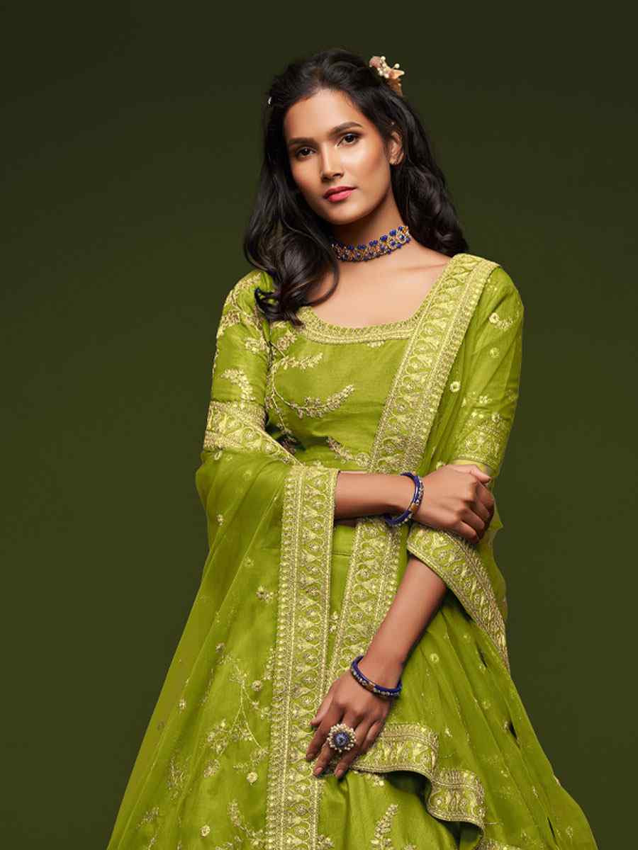 Neon Green Art Silk Embroidered Wedding Reception Festival Heavy Border Lehenga Choli